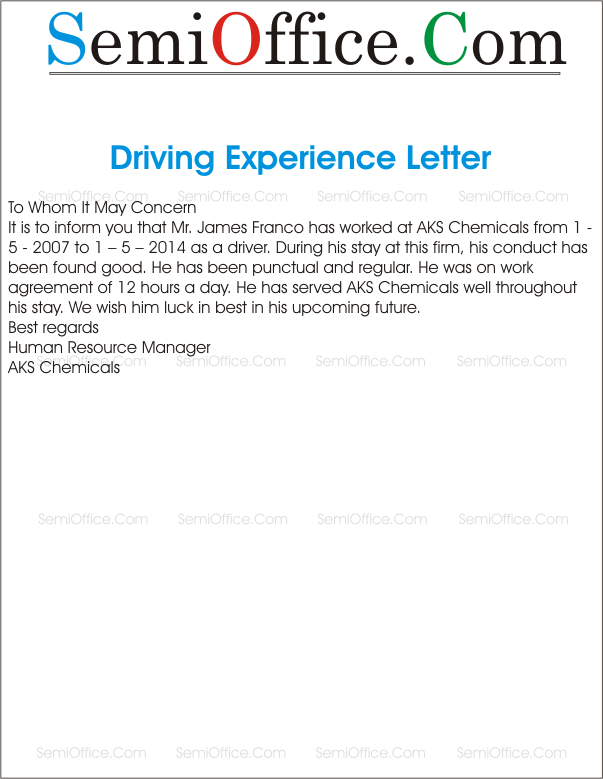 Work experience certificate driver